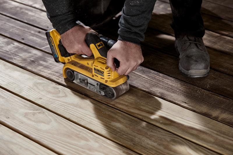 18V XR Brushless Belt Sander sanding floor board